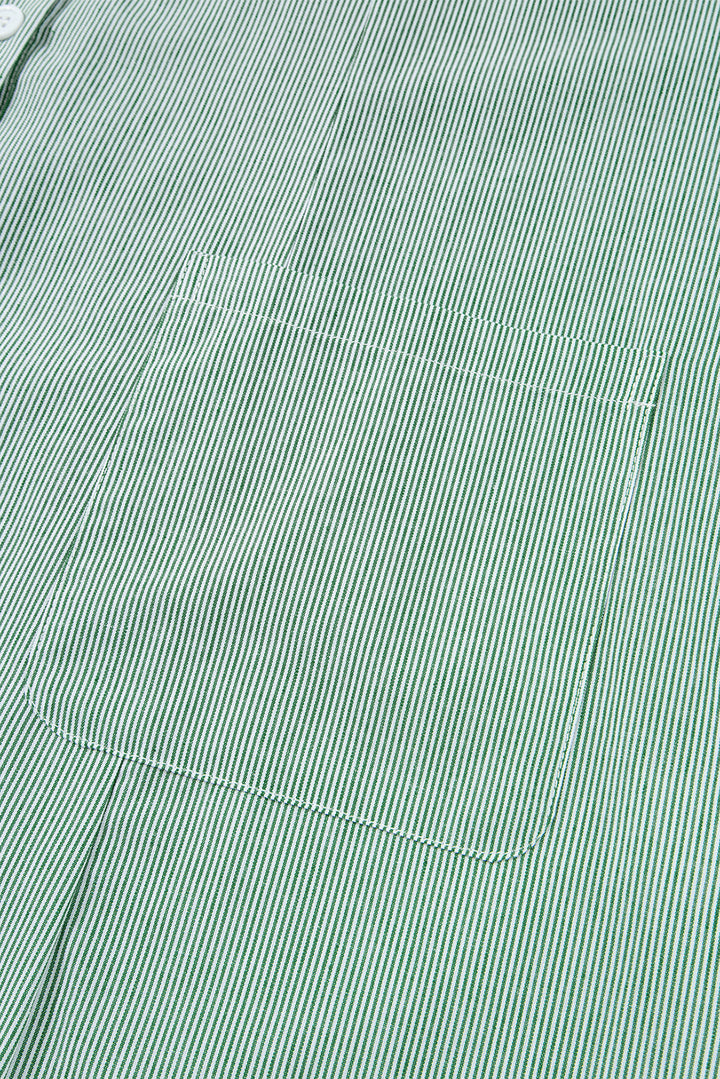 Green Stripe Frilled Sleeveless Collar Front Pocket Button Up Mini Dress