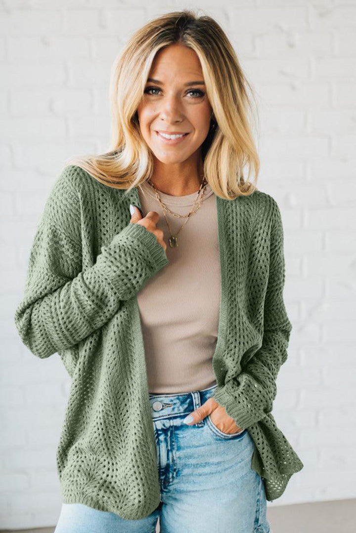 Green Bay Scalloped Edge Eyelet Knit Batwing Sleeve Cardigan