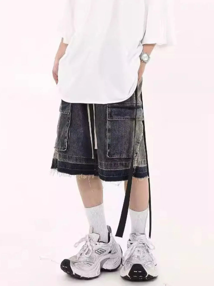 Men's Drawstring Cargo Denim Shorts with Zipper Detail