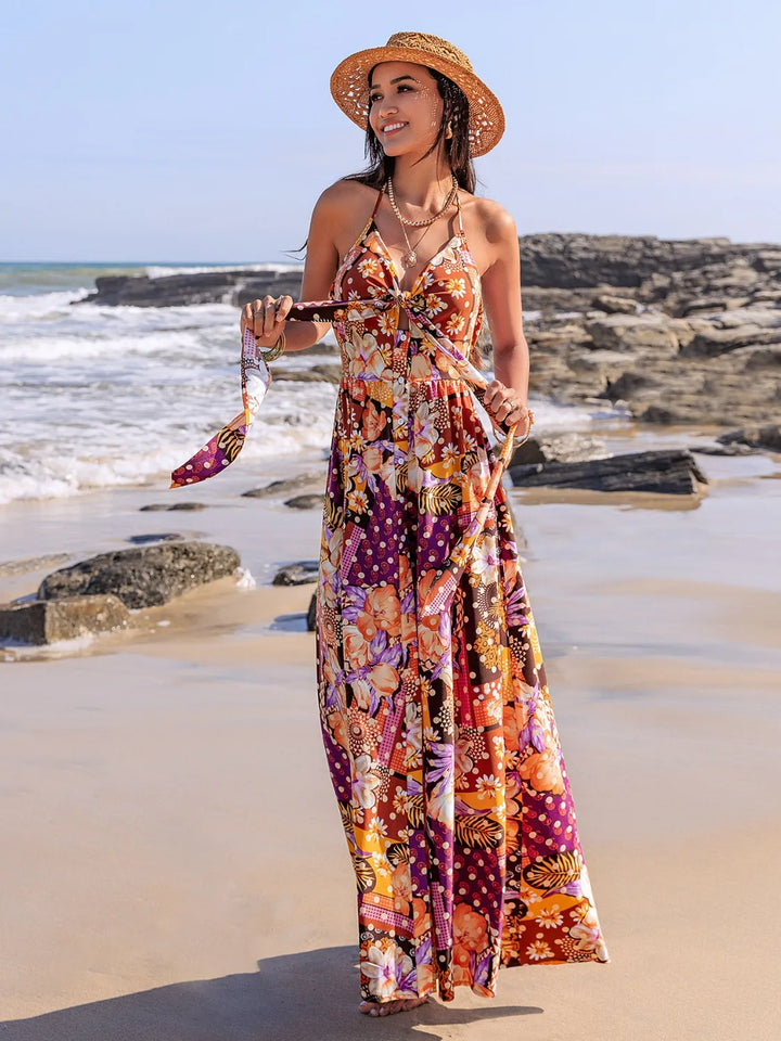 Slit Printed Halter Neck Cami Dress