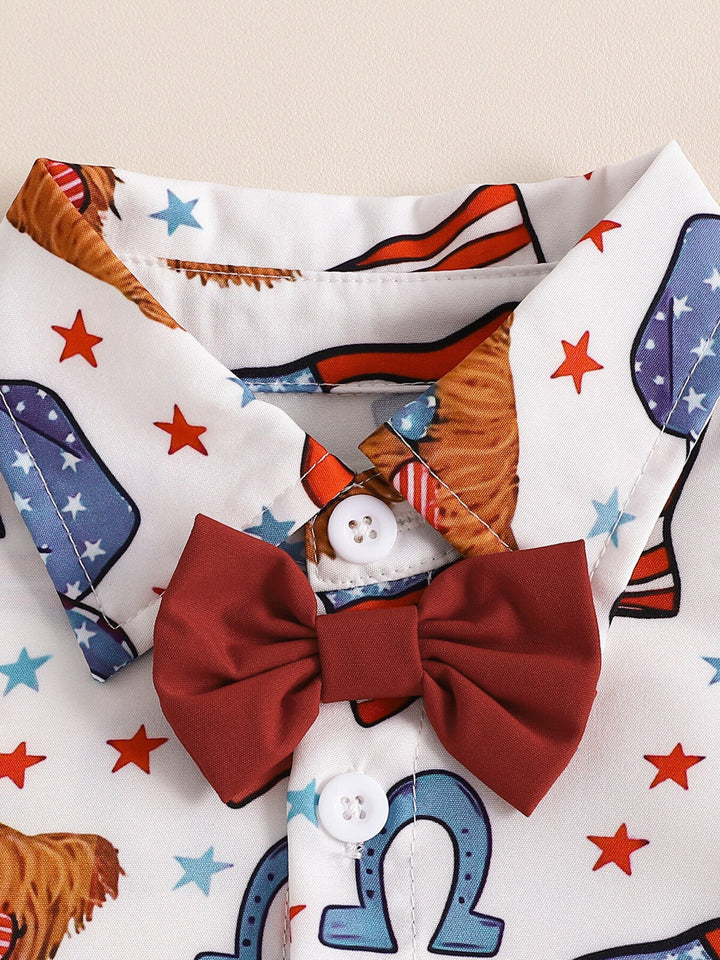 Children's American Flag Print Bow Tie Shirt & Shorts Set