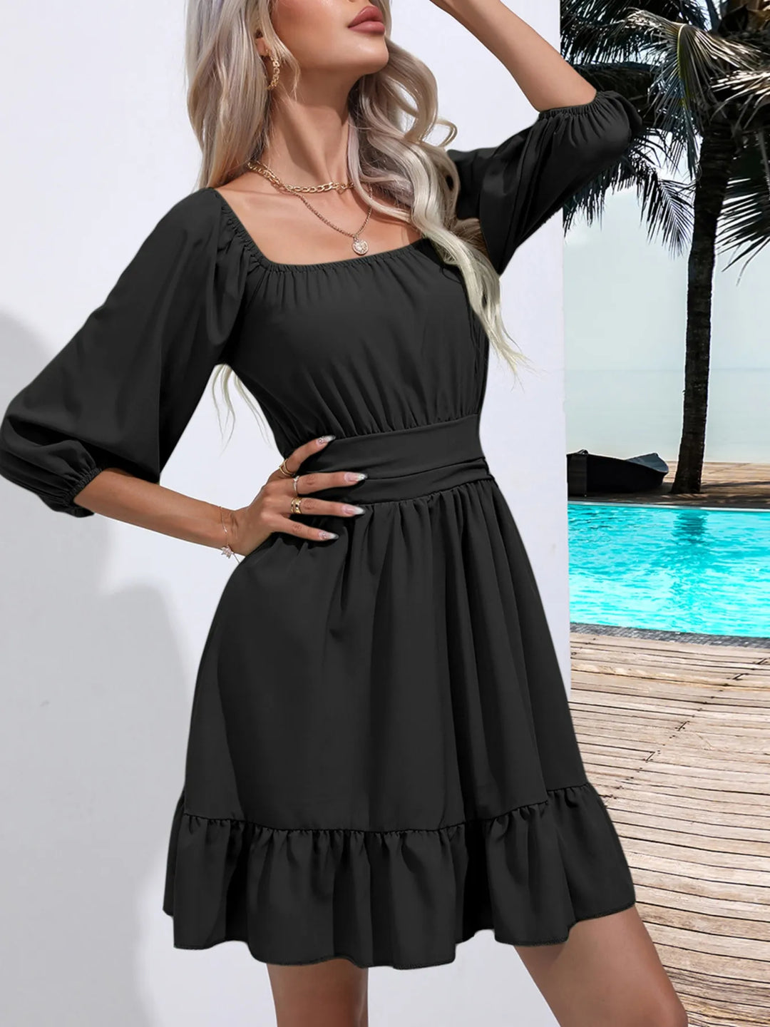 Tie Back Ruffled Hem Square Neck Dress