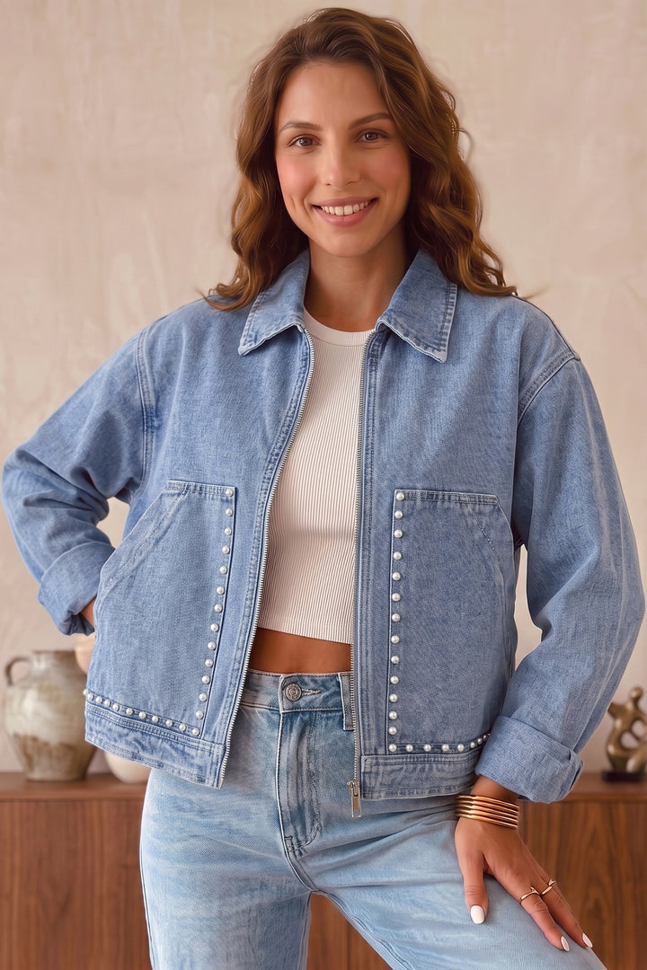 Beau Blue Studded Metal Zipper Rivet Pockets Long Sleeve Denim Jacket