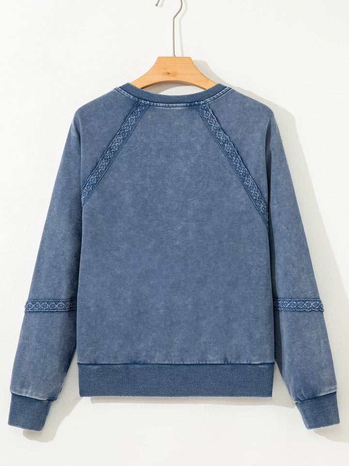Lace Patchwork Detail Notched Neck Mineral Wash Baggy Sweatshirt