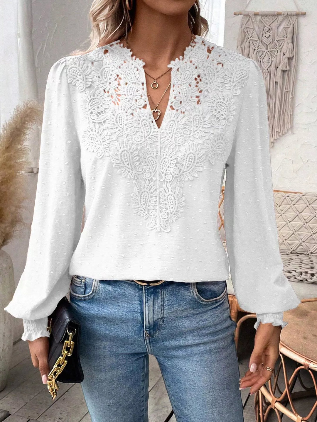 Swiss Dot Lace Detail Long Sleeve Blouse