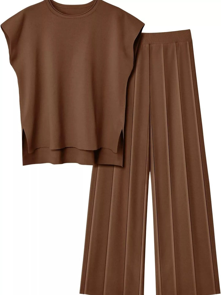 Casual Solid Color Cap Sleeve Top and Pants Knit Set