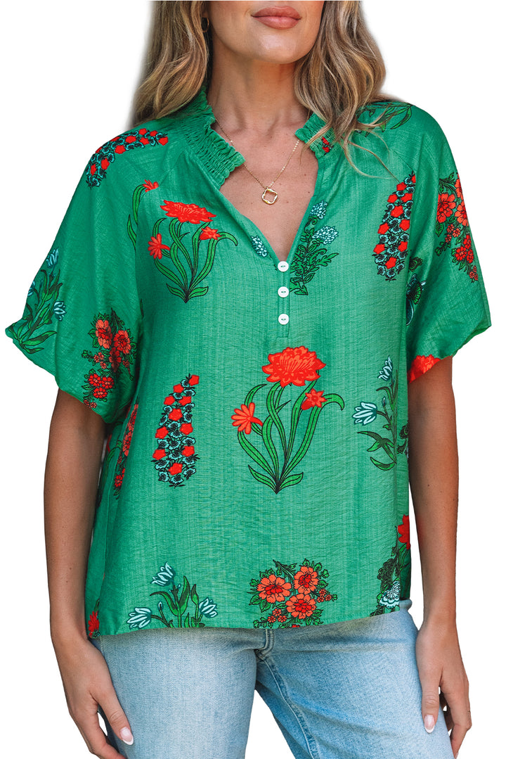 Chemisier à manches courtes et col en V boutonné à imprimé floral vert vif