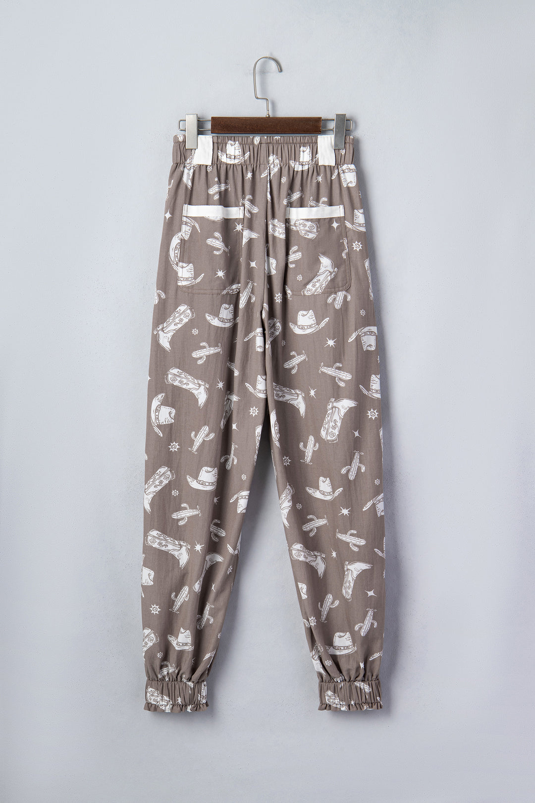 Khaki Western Cactus Cowgirl Hat Boot Printed Vintage Drawstring Jogger Pants
