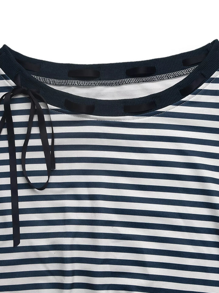 Striped Off-Shoulder Ribbon Accent Sweatshirt