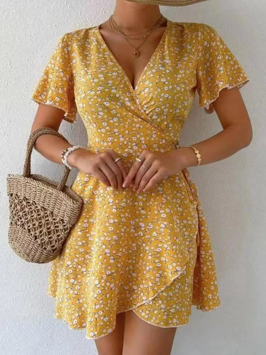 Floral Flutter Sleeve Wrap Mini Dress