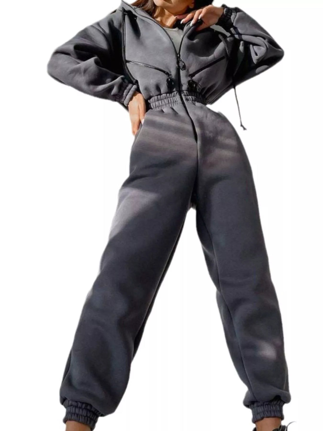 Hooded Zip-Up Long Sleeve Jumpsuit