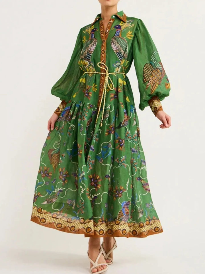 Printed Lantern Sleeve Maxi Shirt Dress