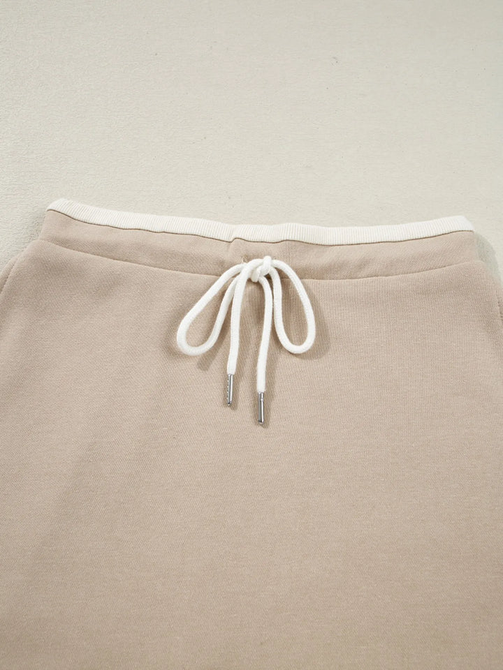Contrast Collared Neck Top and Drawstring Mini Skirt Set