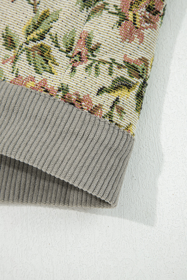 Medium Grey Ribbed Retro Floral Patchwork Shirt Style Jacket