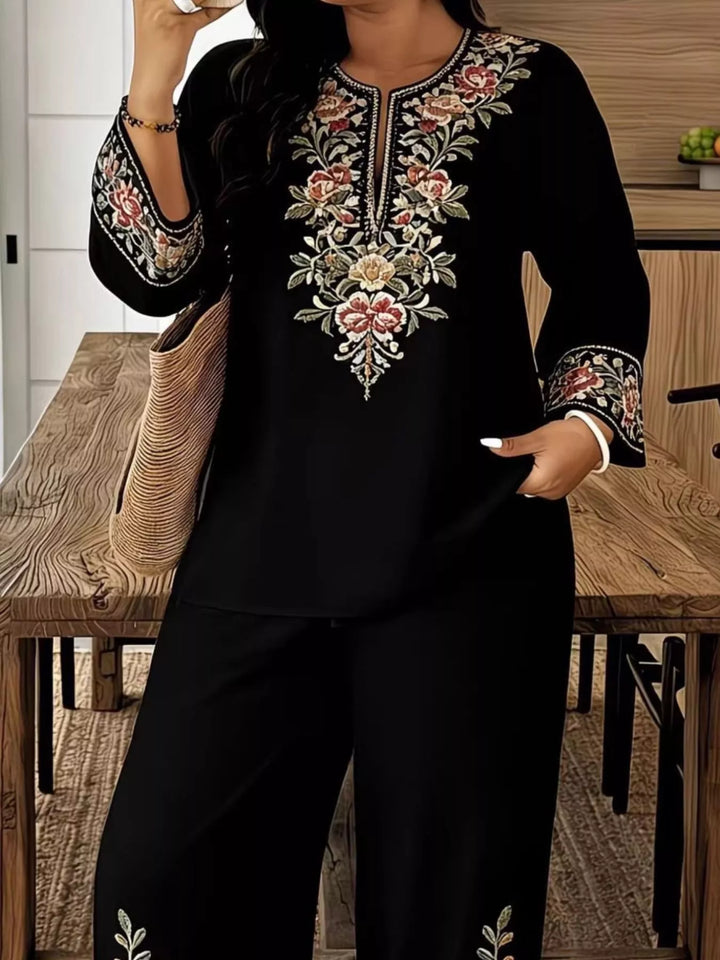 Full Size Embroidered Long Sleeve Top and Pants Set Plus Size