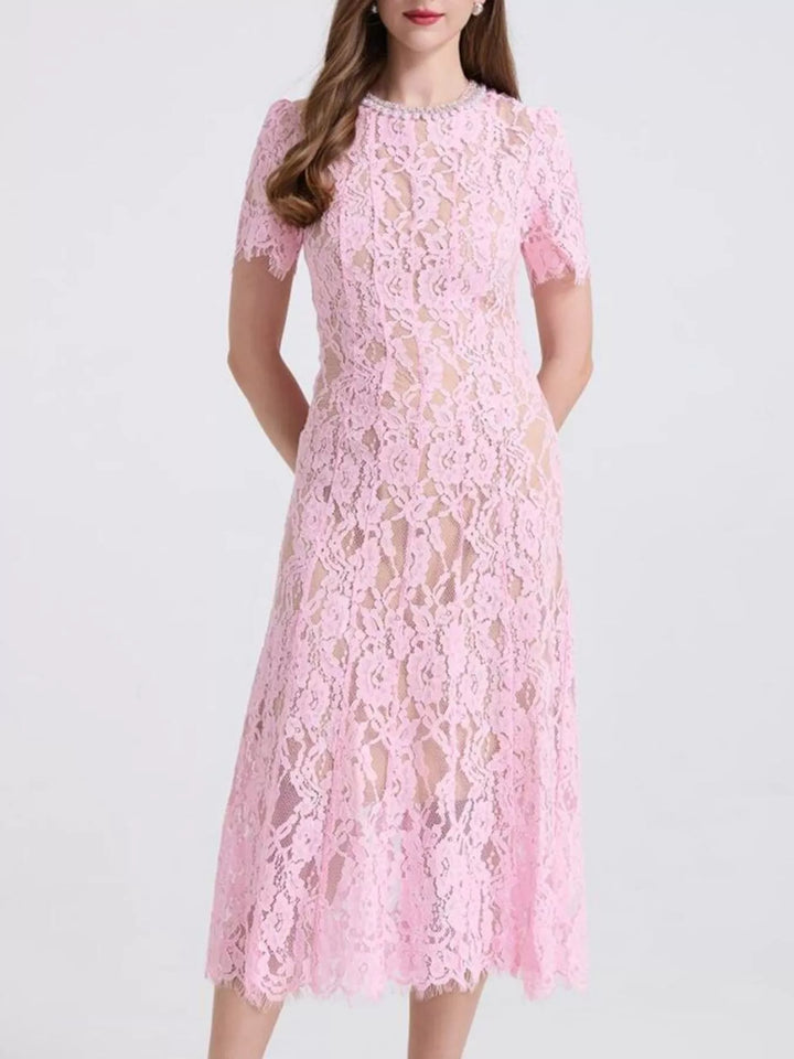 Lace Pearl Neckline Midi Dress