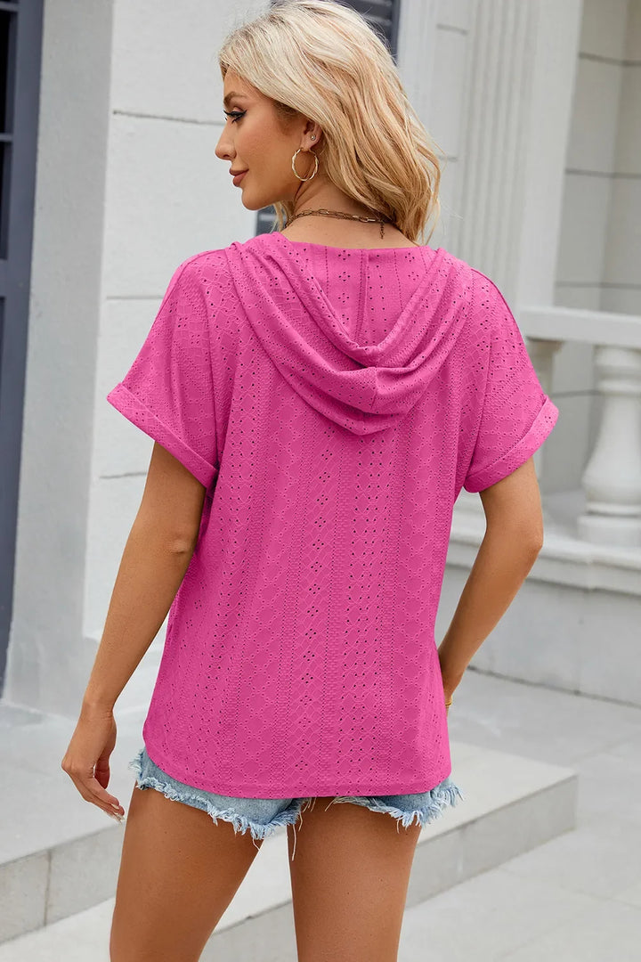 Eyelet Drawstring Hooded Short Sleeve Blouse