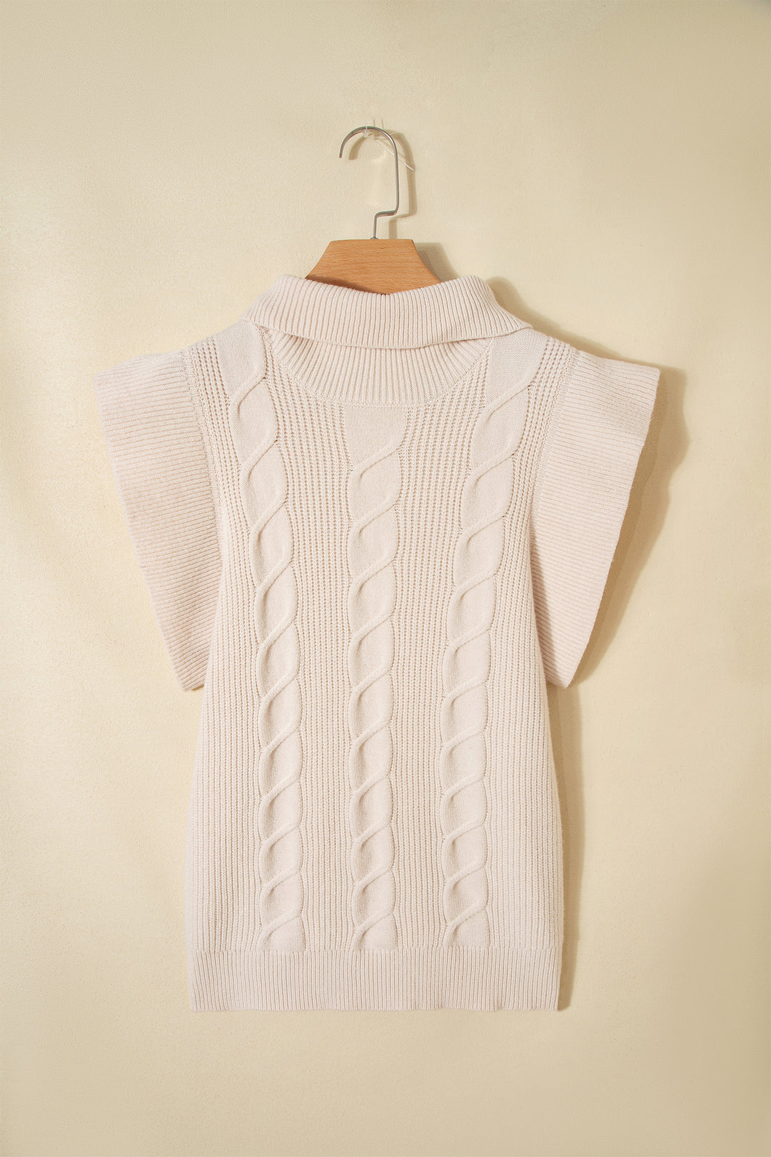 Jet Stream Cable Knit Turtleneck Ruffled Short Sleeve Sweater
