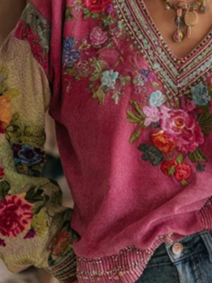 Full Size Floral Embroidered V-Neck Blouse Plus Size
