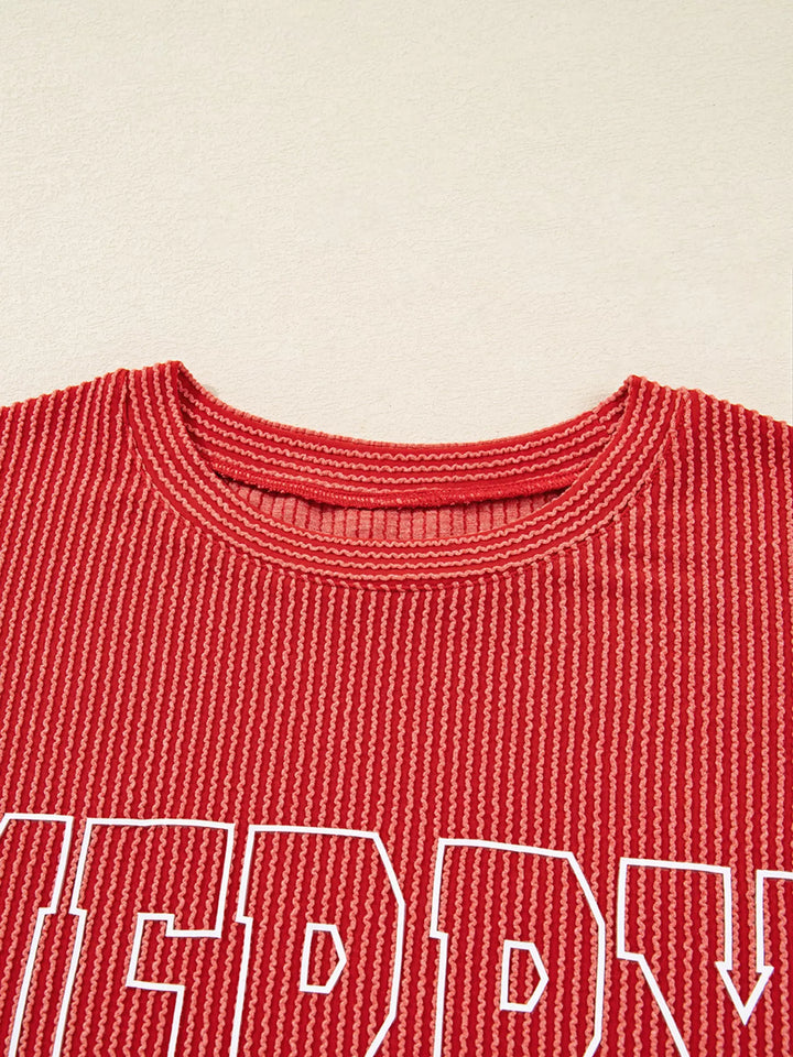 Merry Twisted Rib Christmas Loose Long Sleeve Top