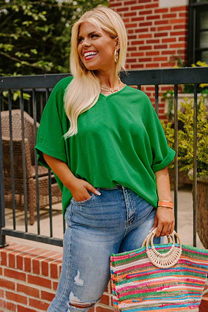 Green Seamed Back High Low Hem V Neck Cuffed Sleeve Plus Size Tee