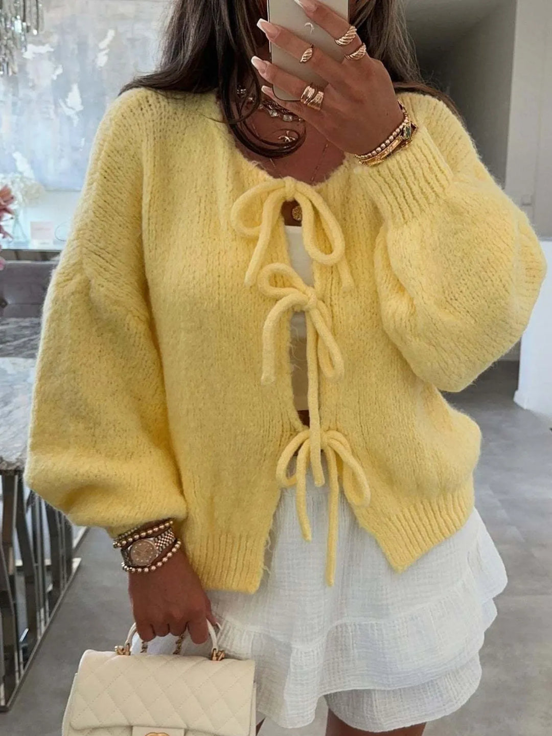 Cozy Bow-Tie Front Knit Cardigan