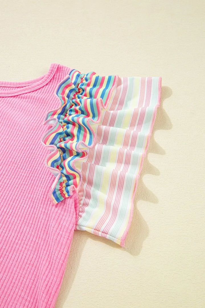 Striped Ruffle Flutter Sleeve Ribbed Blouse