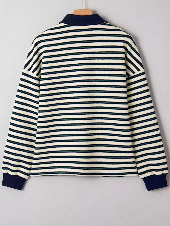 Striped Print Contrast Collar Zip V Neck Long Sleeve Top