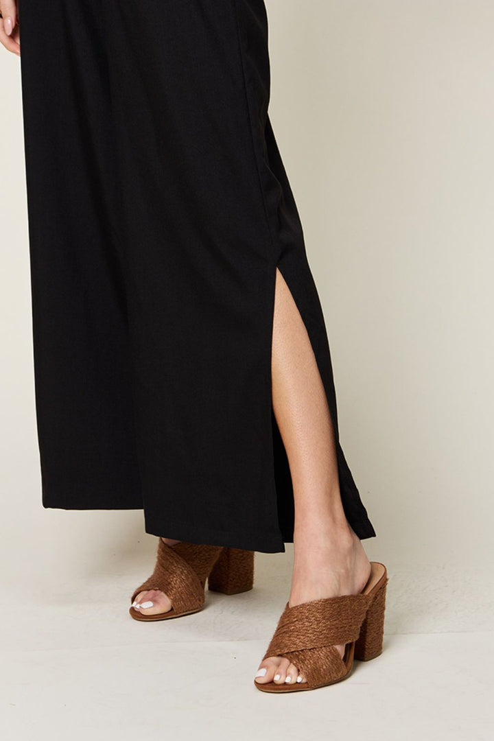 Slit Tie-Front V-Neck Jumpsuit with Short Sleeves