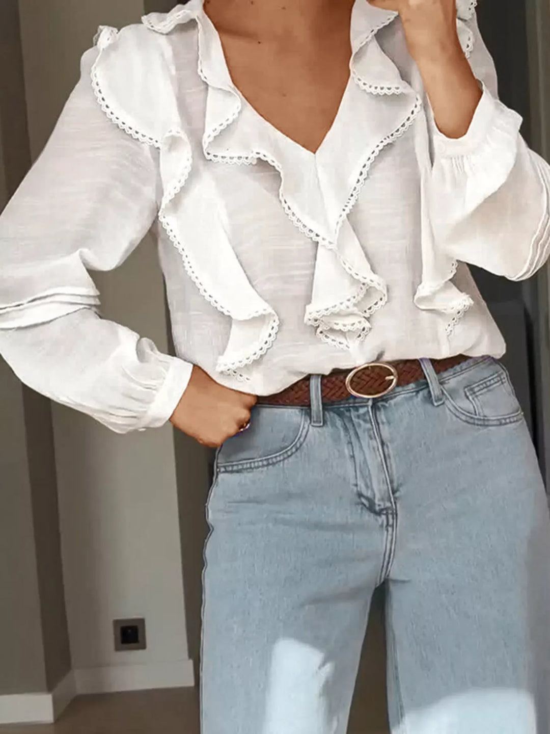 Ruffle Trim V-Neck Blouse