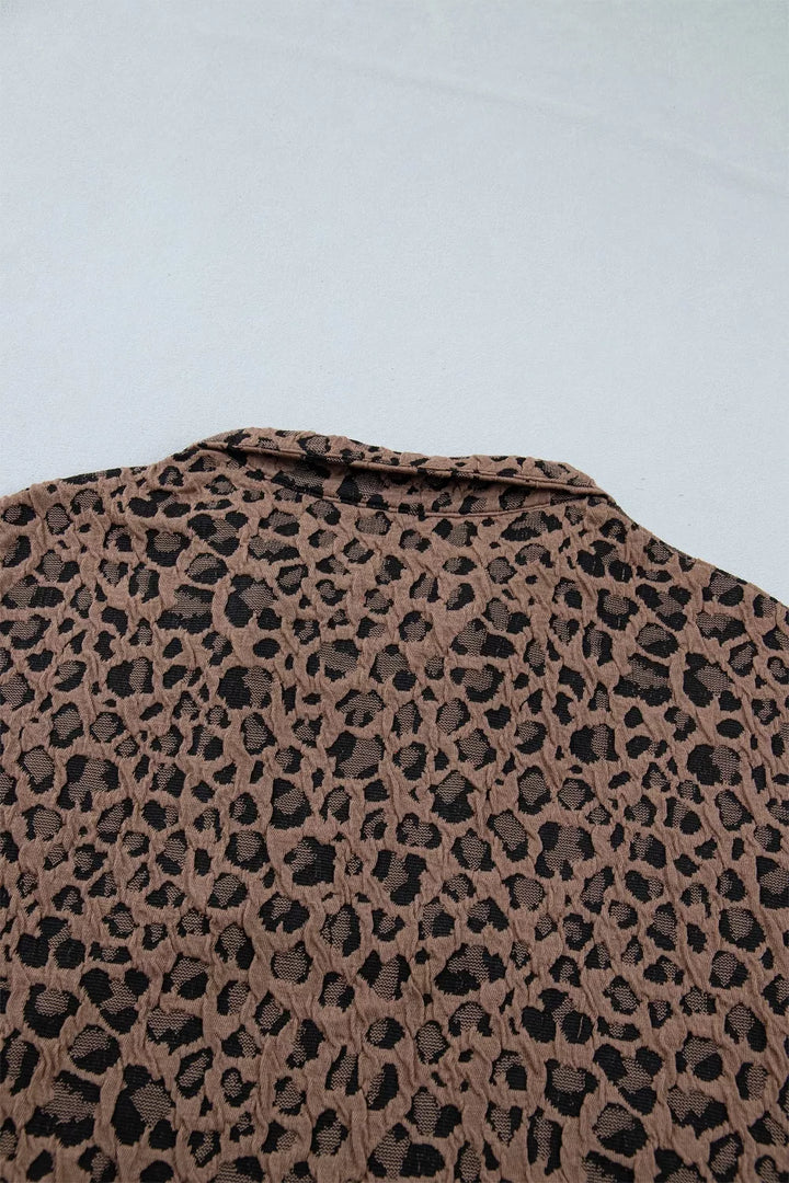 Leopard Jacquard Striped Patchwork Half Zip Short Sleeve Blouse
