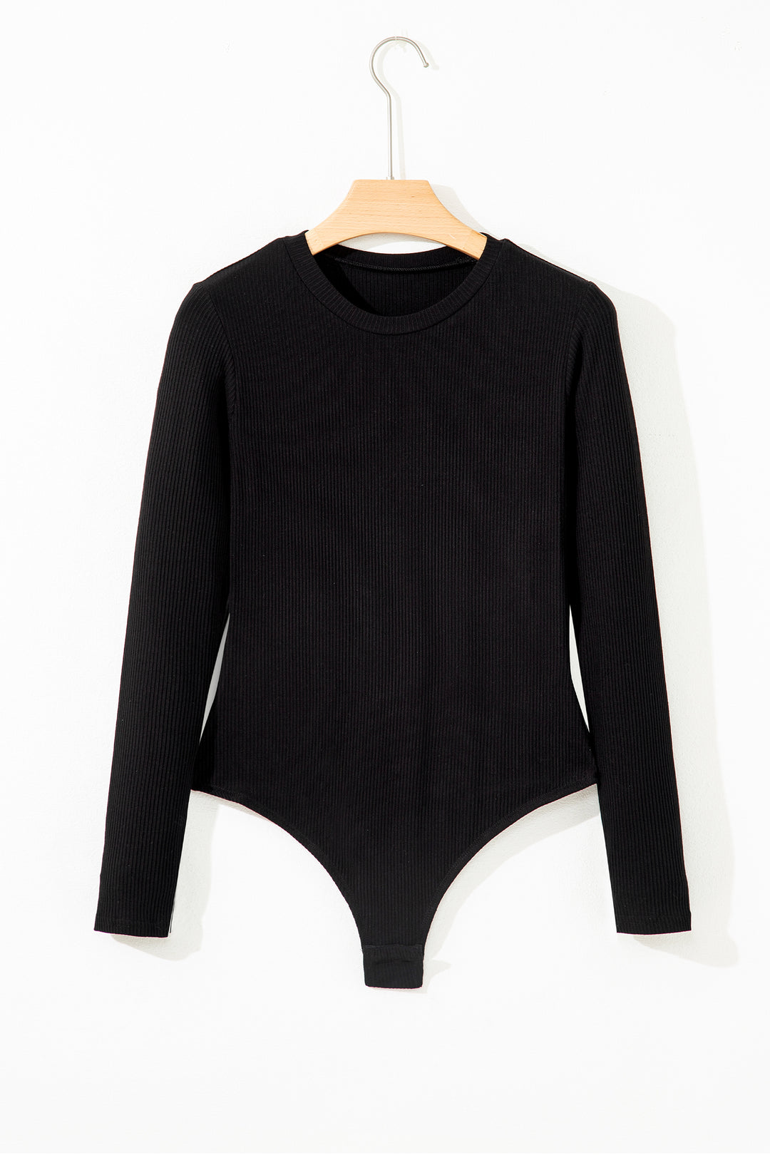 Black Ribbed Long Sleeve Crew Neck Solid Color Bodysuit