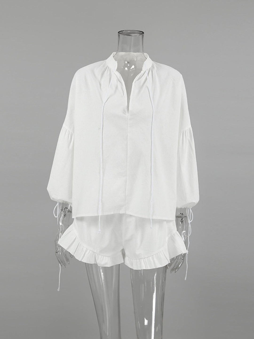 Tie Neck Balloon Sleeve Blouse and Shorts Set