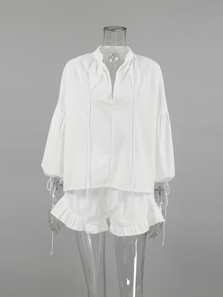 Tie Neck Balloon Sleeve Blouse and Shorts Set