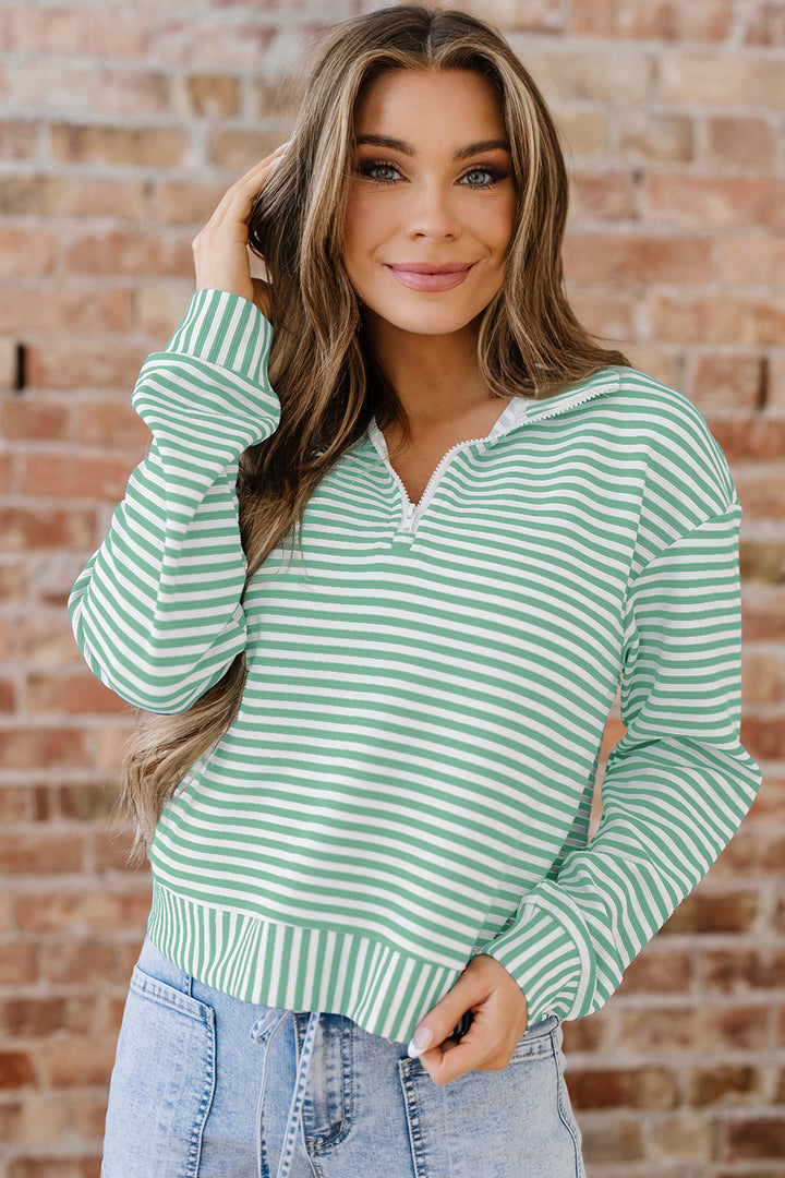 Green Stripe Quarter Zip Collar Pullover Long Sleeve Top