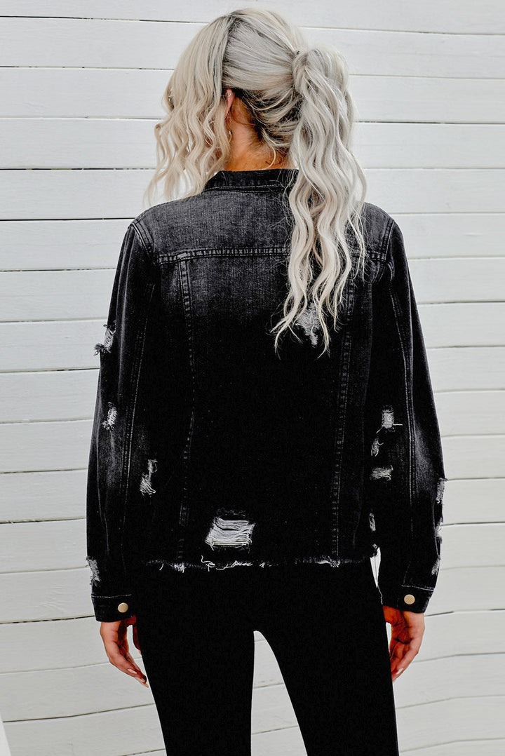 Distressed Raw Hem Buttons Denim Jacket