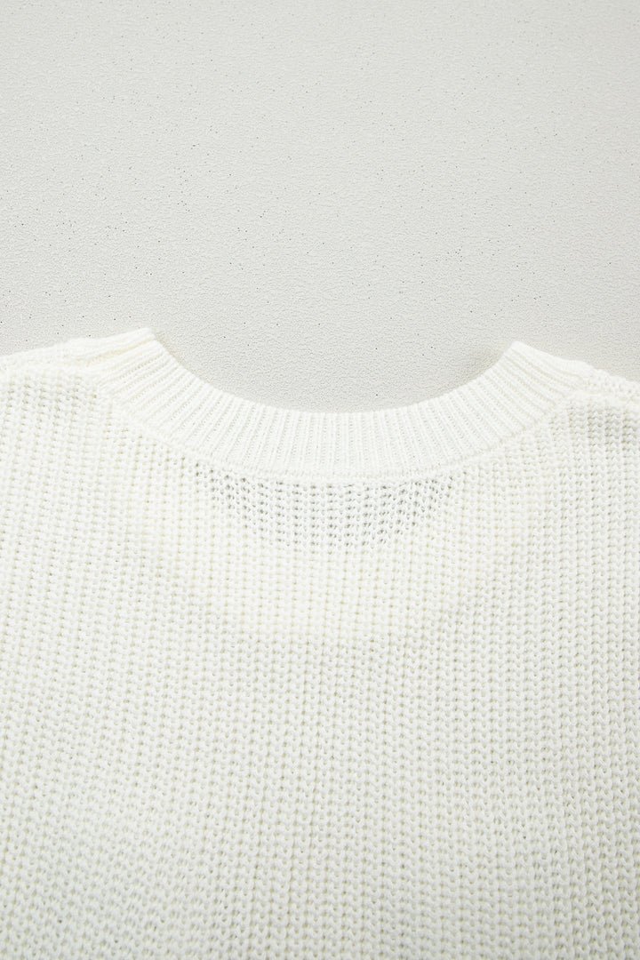 White Crochet Horseshoe Short Sleeve Knit Sweater