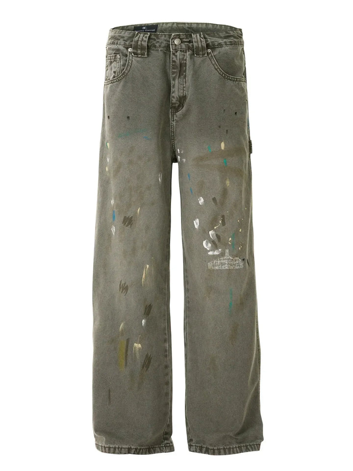 Men's Vintage Washed Paint Splatter Wide Leg Jeans