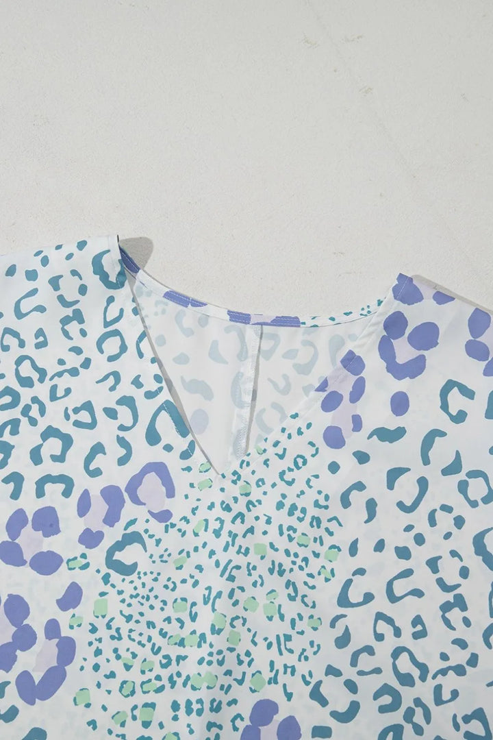 Leopard Print V Neck Short Sleeve Blouse