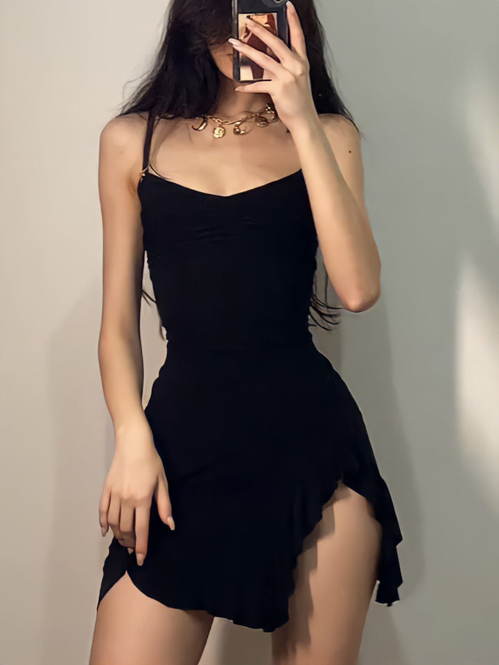 Ruched Ruffle Hem Mini Dress