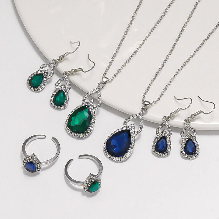 Light Luxury Zircon Necklace Earrings Open Ring Jewelry Suit