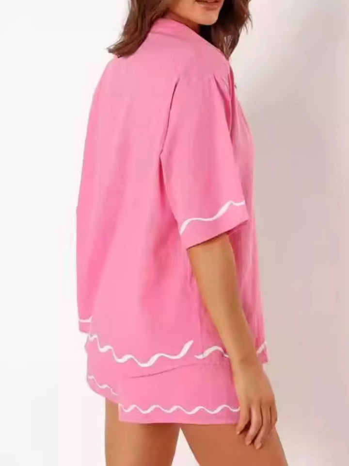 Button Down Contrast Trim Shirt and Shorts Set