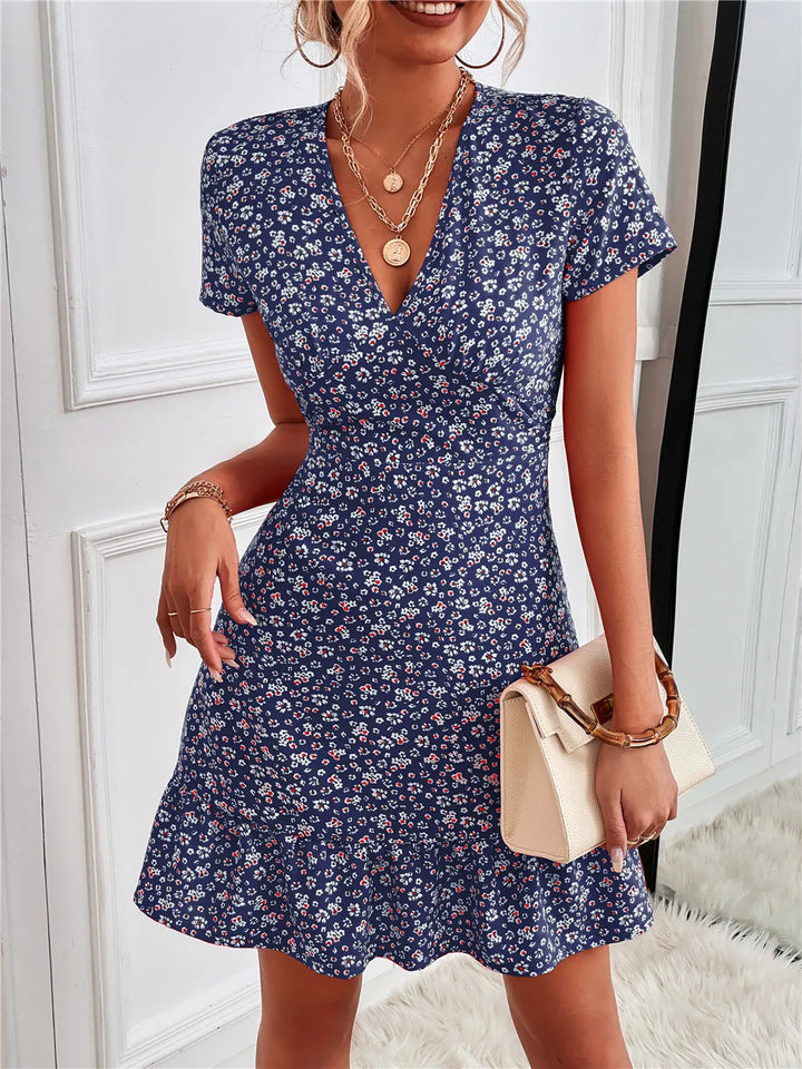 Printed Ruffled Hem V-Neck Short Sleeve Mini Dress