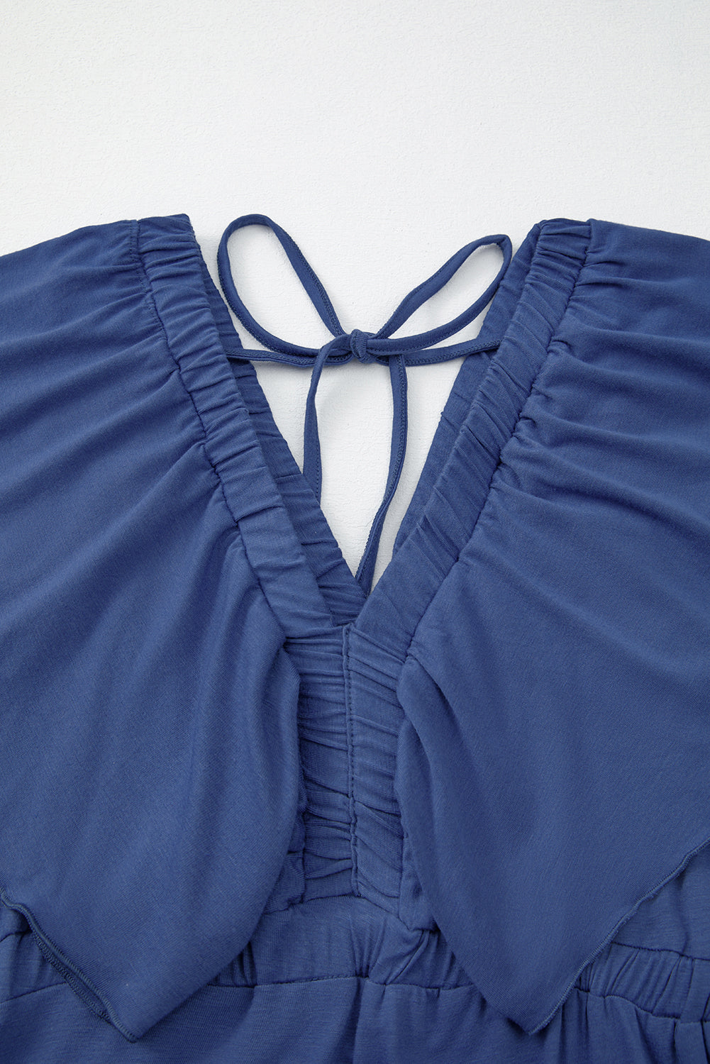 Navy Blue Textured V Neck Flutter Sleeve Ruffled Maxi Dress