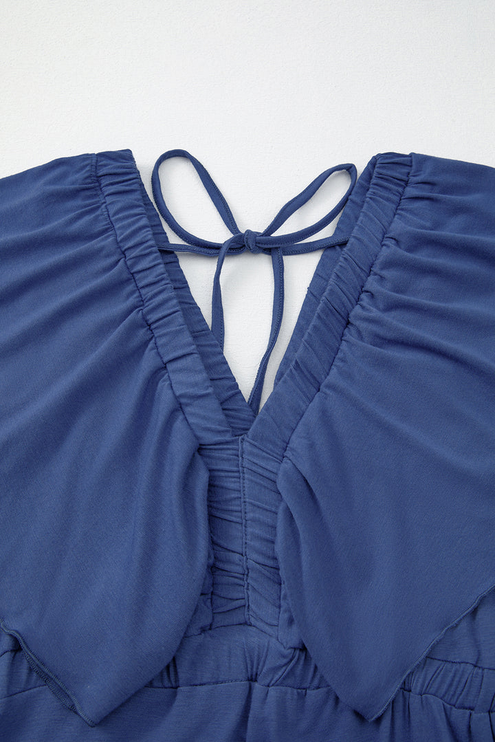Navy Blue Textured V Neck Flutter Sleeve Ruffled Maxi Dress