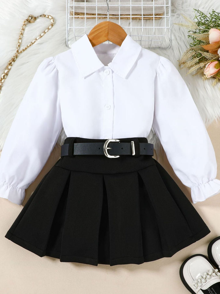 Children's Long Sleeve Shirt & Pleated Skirt Set with Belt