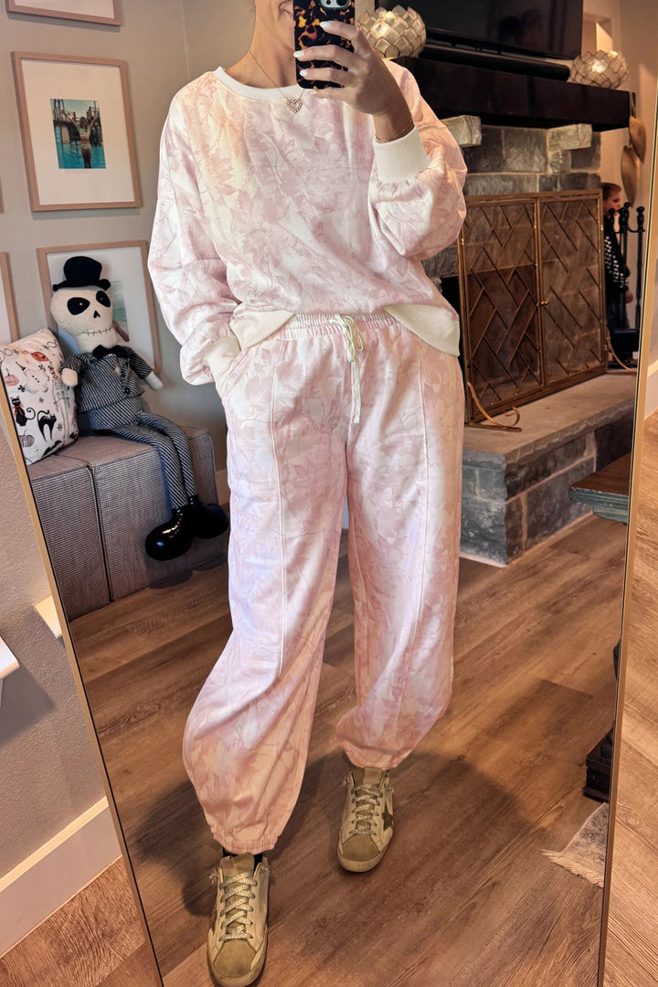 Pink Abstract Print Drop Shoulder Drawstring Waist Drawstring Hem Pant Set