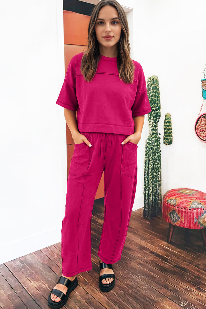 Rose Red Drop Shoulder Boxy Tee and Barrel Pants Set