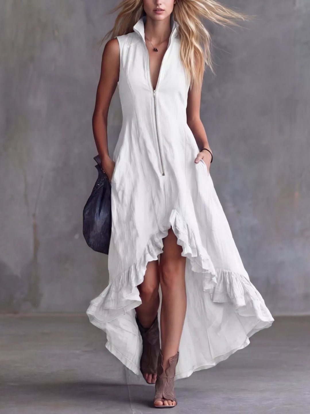 Full Size High-Low Ruffled Zip Front Dress Plus Size