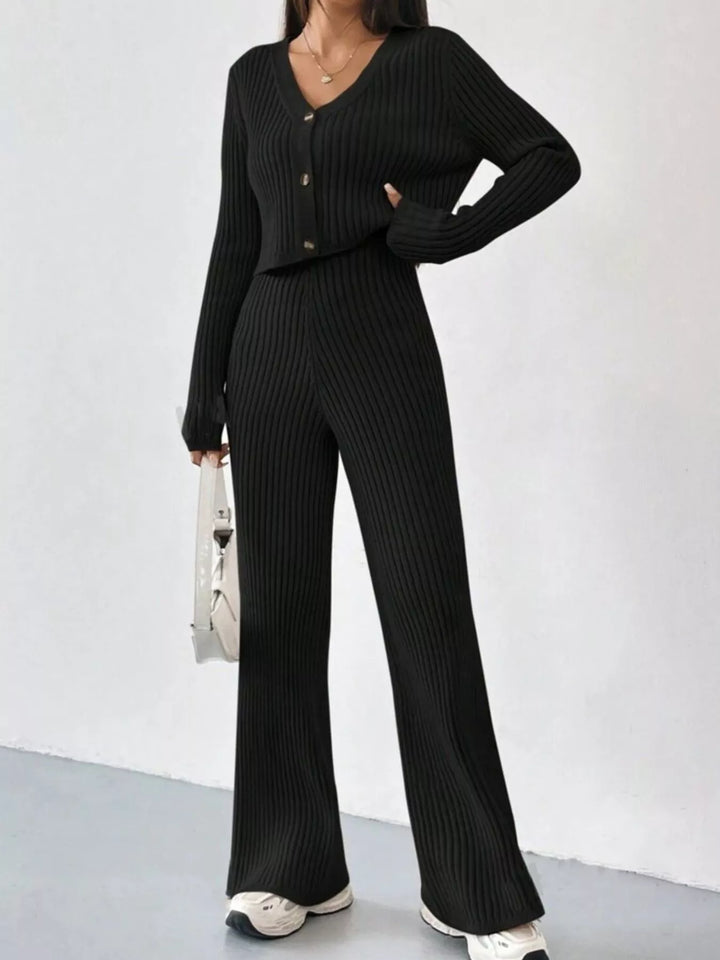 Ribbed Knit Button Up Top and Pants Set